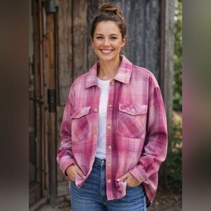 No comment NY Women's Plaid Jacket M Button up Pockets Burgandy Cream Collared